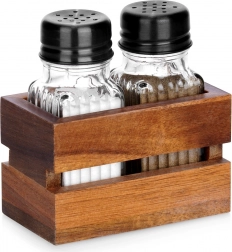 Solnička a pepřenka se stojánkem, 3dílná sada, sklo a dřevo