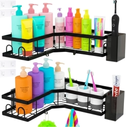 Rohové koupelnové police bez vrtání RUHHY, sada 2 ks, černé