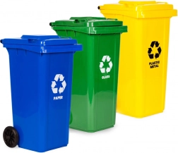 Sada 3 třídicích košů na odpad 3×120 l – modrý papír, zelené sklo, žlutý plast/kov s gumovými koly