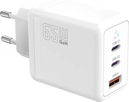 Síťová nabíječka 2× USB‑C + USB‑A s Power Delivery, bílá, GaN 65 W