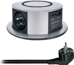 Solight výsuvný blok zásuvek do desky 3× 230 V + USB-A/USB-C PD 20 W s bezdrátovým nabíjením Qi 10 W, 2 m, stříbrný