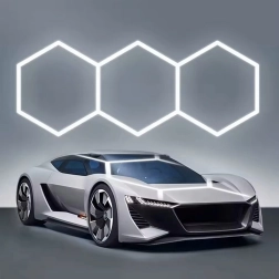 LED hexagonální stropní panel 247 × 98 cm, 125 W, 6500K pro garáž, dílnu a interiér
