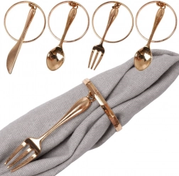 Kovové zlaté kroužky na ubrousky se závěsnými příbory, 4 cm, sada 4 ks