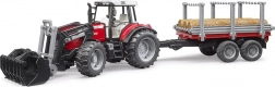 BRUDER traktor MASSEY FERGUSON 7480 s čelním nakladačem a přepravníkem na klády