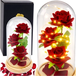 Věčné červené růže ve skleněné kopuli s LED osvětlením 21,5 × 11 cm