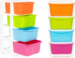 Barevný plastový organizér se čtyřmi zásuvkami na kolečkách