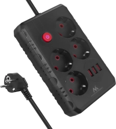 Prodlužovací přepěťová lišta MACLEAN MCE392, 4 zásuvky a 3× USB, 1,5 m, černá