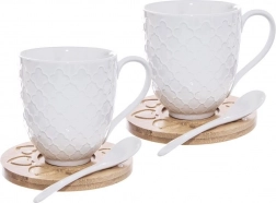 Porcelánové hrnky WHITELINE 370 ml, sada 2 ks s bambusovými podtácky a lžičkami