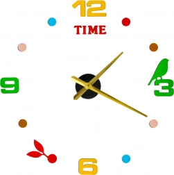 Nalepovací DIY nástěnné hodiny s nastavitelným průměrem 80–90 cm, zlaté ručičky, barevné číslice