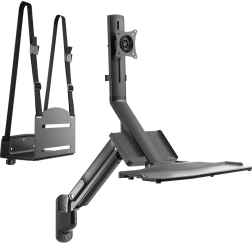 Nástěnná pracovní stanice s ramenem pro monitor, policí na klávesnici a držákem PC