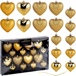 Vánoční ozdoby srdíčka zlaté, nerozbitné, sada 16 ks (6,5 a 4,5 cm)