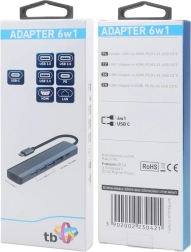 HUB USB-C adaptér 6v1 - HDMI, 3x USB, PD, RJ-45