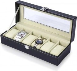 Černé pouzdro na hodinky z proskleným víkem, 30,5 × 11,5 × 8 cm