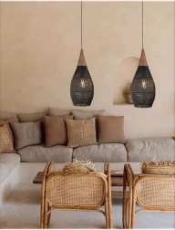 rustikální závěsné svítidlo ratanové 35 cm – černé