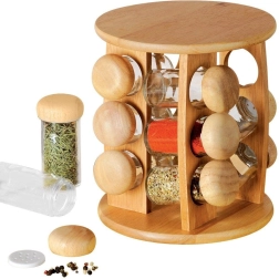 Dřevěný otočný stojan na koření s 12 skleničkami, 13dílná sada