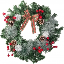 Vánoční věnec s šiškami, červenými bobulemi a kostkovanou mašlí 30 cm