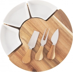 Otočná akátová servírovací deska na sýry se 3 miskami a 3 noži, 7dílná sada