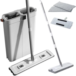 Sada na úklid s plochým mopem a dvoukomorovým kbelíkem z mikrovlákna