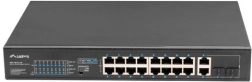 Neřízený PoE+ switch 16× Fast Ethernet s 2× Combo Gigabit uplink, rack 19", 150 W