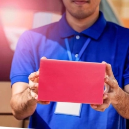 Červené kurýrní plastové tašky s výsekem na rukojeť 500 × 600 + 70 mm, 50 ks, potisk Thank You