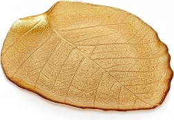 Skleněný zlatý talíř ve tvaru listu 27,5 × 24 cm