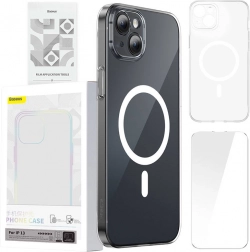 Baseus Magnetic Crystal Clear pouzdro pro iPhone 13 s tvrzeným sklem a čisticí sadou