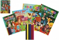 Omalovánky a aktivity Zvířátka 4 ks + pastelky CZ/SK v sáčku 21 × 29 cm