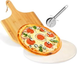 Šamotový kámen na pizzu s bambusovou lopatou a nerezovým kráječem, 3dílná sada