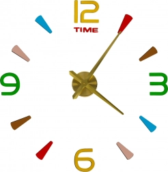 Nástěnné nalepovací hodiny DIY, 80–90 cm, zlaté ručičky, barevné značky, 4 číslice
