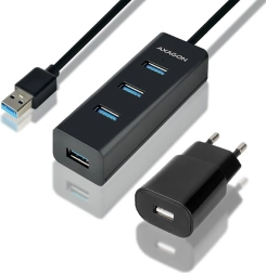 Axagon hue-s2bp čtyřportový usb 3.2 gen 1 hub s nabíjením a adaptérem