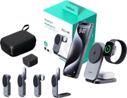 Magnetická bezdrátová nabíječka 3v1 AUKEY MagFusion, Qi2 15 W, šedá
