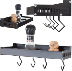 Nástěnná hliníková police na koření s háčky, černá