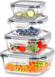Skleněné dózy na potraviny se silikonovým těsněním, čtvercové, sada 4 ks