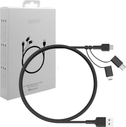 Aukey 3v1 nabíjecí kabel USB-A na Lightning, USB‑C a micro USB 1,2 m, černý nylon