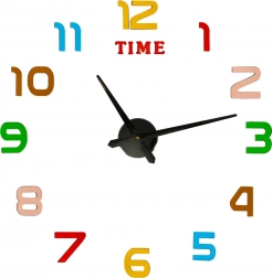 Nalepovací nástěnné hodiny DIY, průměr 80–90 cm, barevné číslice, černé ručičky