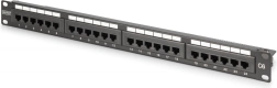 Patch panel 19" 24× RJ45 Cat 6, nezkrytovaný, 1U, LSA, vedení kabelů, popisová pole, černý