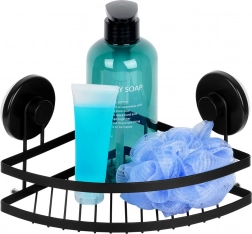 Rohová sprchová polička s přísavkami, černý kov 24 × 18 × 12,5 cm