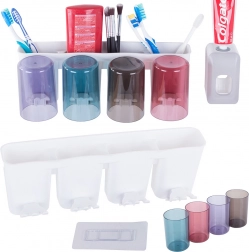 Nástěnný organizér na zubní kartáčky s dávkovačem pasty a 4 kelímky