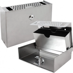 Nástěnná venkovní popelníčka z nerezové oceli, uzamykatelná, kompaktní, stříbrná