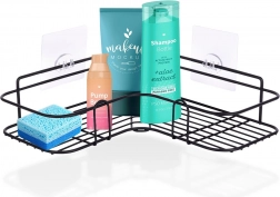 Rohová samolepicí kovová police do sprchy 26,5 × 26,5 × 6,5 cm – černá