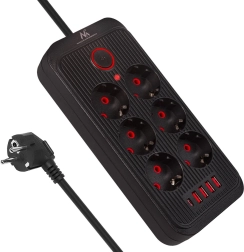 Černá prodlužovací zásuvka 6x schuko s 4x usb‑a a 1x usb‑c, 2500 w