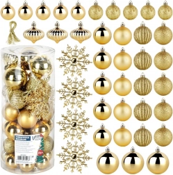 Vilde vánoční ozdoby zlaté, nerozbitné, 40 ks (4/5/6 cm + sněhové vločky 10 cm)