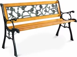 Dřevěná zahradní lavička s kovovým rámem a opěradlem