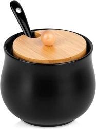 Keramická černá cukřenka s bambusovým víčkem a lžičkou 250 ml