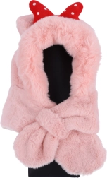 Dětská plyšová čepice s šálou, růžová s červenou mašlí