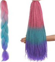 Syntetické vlasy ombré copánky růžová/tyrkysová/fialová, 60 cm