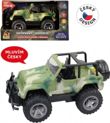 Vojenský jeep na setrvačník se světly a českými zvuky posádky 1:16