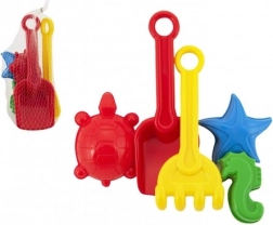 Plastová sada na písek s lopatkou, hrabičkami a formičkami v síťce