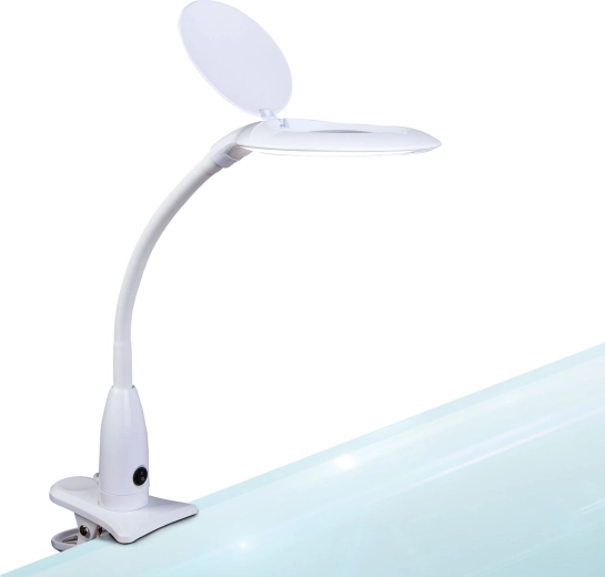 LED stolní lampa s lupou a klipem, bílá