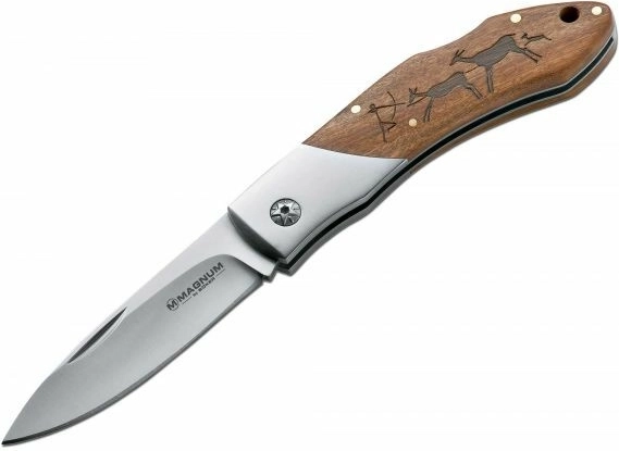 Magnum Caveman Steel kapesní nůž 8,2 cm s dřevěnou rukojetí a jeskynním motivem